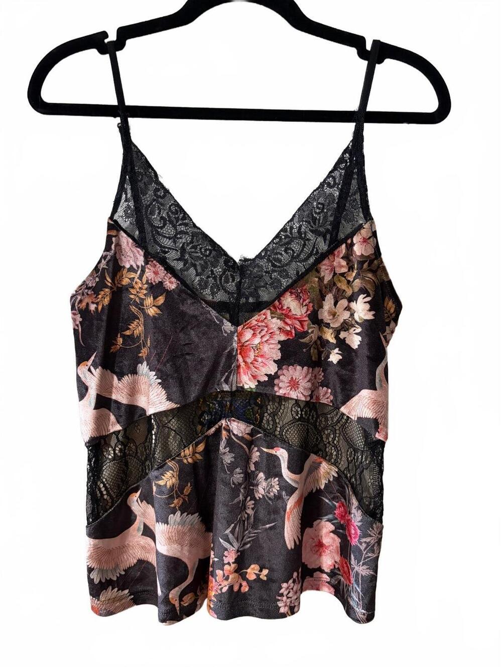 Stradivarius Euro Cami Top Black Floral Bird Print Lace Trim Velour